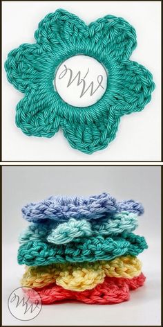 crocheted flower with the word w on it and two pictures of different colors