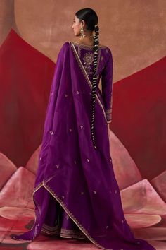 Purple chanderi jacket anarkali with dori and aari hand embroidery. Comes with pant and an organza dupatta. - Aza Fashions Long Sleeve Purple Salwar Kameez For Designer Wear, Designer Long Sleeve Purple Salwar Kameez, Designer Long Sleeve Purple Churidar, Purple Long Sleeve Salwar Kameez With Zari Work, Long Sleeve Purple Salwar Kameez With Zari Work, Long Sleeve Dola Silk Kurta For Reception, Purple Long Sleeve Lehenga For Eid, Silk Salwar Kameez With Zari Work And Long Sleeves, Long Sleeve Silk Salwar Kameez With Zari Work