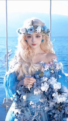 a woman with long blonde hair wearing a blue dress and flowers on her head is standing near the water