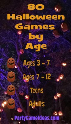 an advertisement for halloween games by age with pumpkins on the trees and lights in the background