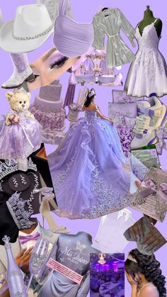 the collage shows many different types of dresses and hats, including one with a teddy bear