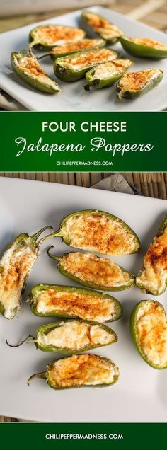 four cheese stuffed jalapeno peppers on a white platter with green border