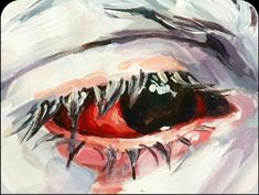 a painting of an eye with red and black irises