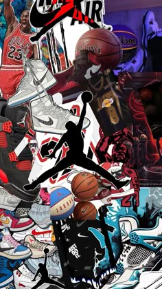 a collage of basketball shoes and sneakers with the word air on them in red