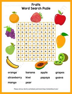 fruit word search puzzle with words and pictures on the page, which includes an orange, banana