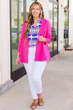 She's A Trail Blazer, Hot Pink – Chic Soul Hot Pink Blazer, Hot Pink Blazers, Chic Soul, Pink Blazer, Layering Pieces, The Office, Hot Pink, Layering, Spandex