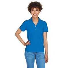 Devon & Jones Ladies' Pima Piqu Short-Sleeve Y-Collar Polo - D100W, Devon & Jones, D100W, TRUE ROYAL, L, Polos, Womens Cotton Short Sleeve Y Neck Collar Polo, 6.8 oz., 100% Peruvian pima cotton; Comfort of luxurious pima cotton; Grey Heather is 90% cotton, 10% polyester; Dura-Pearl buttons; Rib knit cuffs; Feminine fit; Delicate Y-collar; Two-button placket Color: Blue.  Gender: female.  Age Group: adult. Polo Women, Pique Polo Shirt, Pearl Buttons, Pima Cotton, Button Placket, Calgary, Deep Purple, Cotton Shorts, Devon