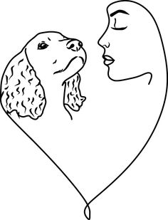 a black and white drawing of a woman kissing a dog