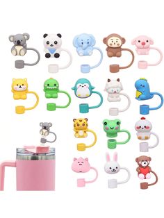 various animal shaped baby pacifiers are shown in this image with the cup next to them