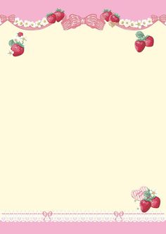 a pink and white frame with strawberries on the border, in front of a light yellow background