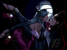 two women dressed as devilgirls are kissing in front of a window at night