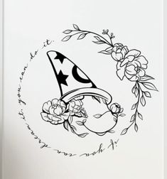 a black and white drawing of a birthday hat with flowers on the side, in a circle