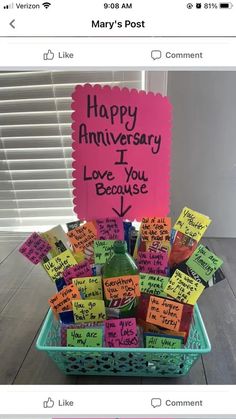 a basket filled with lots of notes on top of a table