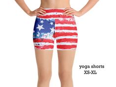 American flag workout spandex shorts for women. Soft, stretchable and comfortable activewear fabric. Independence Day 4th of July patriotic grunge paint splatter pattern. Yoga (high waist) & regular styles. Athletic pants with stripes and stars print. Great for Parade, running marathon, cycling, fitness, themed party, sports , gift or as a comfortable everyday wear.  These shorts are made from premium quality silky smooth, soft and comfortable fabric which is stretchy, light, breathable and stur Workout Woman, Handmade Flags, Usa Independence Day, American Flag Shorts, Cycling Fitness, Workout Shorts Women, Woman Yoga, Rave Clothing, Shorts Womens