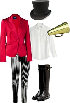 a red jacket, white shirt, black and white striped pants, gold top hat