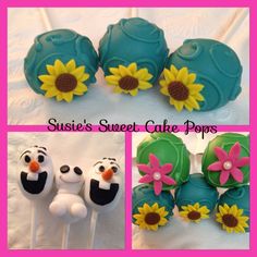 some cake pops with frosting and sunflowers on them