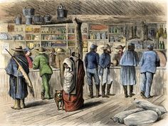 an old drawing of people standing around in a room with many items on the shelves