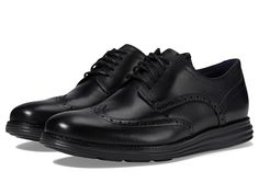 Cole Haan Originalgrand Shortwing Oxford - Men's Shoes : Black/Black : Modernize your look with the Cole Haan Originalgrand Shortwing Oxford. Leather upper. Lace-up closure. Round toe silhouette. Wingtip design. Leather lining. Lightly cushioned footbed. Rubber outsole. Imported. Measurements: Weight: 11.6 oz Product measurements were taken using size 9.5, width D - Medium. Please note that measurements may vary by size. Masculine Black Wingtip Dress Shoes, Black Moc Toe Dress Shoes With Goodyear Welt, Black Goodyear Welted Low-top Dress Shoes, Black Low-top Goodyear Welted Dress Shoes, Casual Black Goodyear Welted Oxfords, Mens Shoes Black, Cole Haan Men, Mens Oxfords, Shoes Black