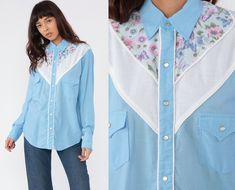 Vintage 80s Western blouse in baby blue with a butterfly print yoke and pearl snaps. It has long sleeves and pockets on the chest. Every garment we sell is authentic vintage and one-of-a-kind! You will receive the exact item photographed. Condition: Very good vintage. Has a little spot on the shoulder. Best fits women's: Large Best fits men's: Medium  Material:  Feels like a cotton blend. MEASUREMENTS Taken from seam to seam while the garment is lying flat. Double the armpit, waist, and hips For Vintage Light Wash Tops For Spring, Light Wash Vintage Tops For Spring, Spring Daywear Tops With Snap Buttons, Vintage Tops With Snap Buttons For Spring, Vintage Light Wash Tops With Button Closure, Vintage Light Wash Buttoned Tops, Blue Vintage Western Style Tops, Vintage Light Wash Top With Button Closure, Denim Blue Button-up Top For Rodeo