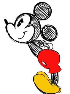 a drawing of mickey mouse flying through the air with his head tilted back and eyes closed