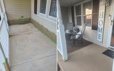 before and after photos of a front porch being painted