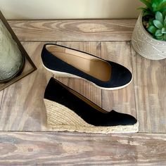 J. Crew Factory Black Espadrille Wedge Heel Brand New In Box! Beautiful, Slip-On, Espadrille Wedge Heel By J. Crew Factory. Black, Breathable Canvas Upper & Lining. Jute Wedge Heel Cushioned Footbed Round Toe Rubber Sole Heel Height: 3” (Platform .5”) Size: 7 Msrp: $128 Black Wedge Sandals For Workwear In Spring, Summer Workwear Wedge Sandals, Casual Closed Toe Wedge Sandals For Work, Black Espadrilles Wedges, Black Espadrilles, Black Wedge, Espadrille Wedge, Espadrille Shoes, J Crew Factory