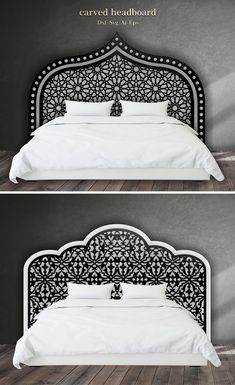 two pictures of a bed with white sheets and pillows on it, one is black and the other is white