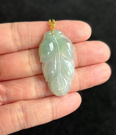 Leaf represents "forever green", is a symbol of productivity and longevity due to its abundance. Details: Main Stone: Genuine Burmese Jadeite Jade. Pendant Length: about 39.6 mm. Pendant Width: about 21.3 mm. Pendant Thickness: about 6.5 mm. Untreated Natural Jadeite, Grade A Jadeite, Certified By Lab. Buckle Metal: 18K Gold. Gold Necklace Chain Is NOT Included. Free Gold-filled necklace chain will be provided. This pendant is made with 100% natural Jadeite Jade from Burma/Myanmar without chemic Elegant Untreated Green Jewelry, Green Leaf-shaped Jewelry Gift, Untreated Jade Jewelry Gift, Untreated Jade Jewelry For Gift, Green Carved Jewelry For Anniversary, Art Deco Jewellery Design, Imperial Jade, Forever Green, Burma Myanmar