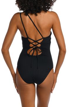 Feel every inch a goddess in this swimsuit fashioned with the neckline of the moment tethered to crisscrossed straps in back. Ties at back One-shoulder neck Removable cups Moderate back coverage Lined 83% nylon, 17% elastane Hand wash, line dry Imported Beachwear Swimwear With Wrap-around Straps, Backless Cross-tied Swimwear For Parties, Cross-tied Backless Swimwear For Party, Party Backless Cross-tied Swimwear, Cross-tied Backless Party Swimwear, Fitted Cross-tied Swimwear With Strappy Back, Party Cross-tied Backless Swimwear, Strappy Wrap-around Swimwear For Beachwear, Strappy Beachwear Swimwear With Wrap-around Straps