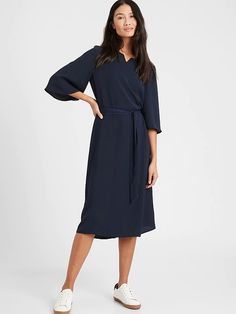 Bell-Sleeve Dress | Banana Republic Chic V-neck Business Casual Dresses, Relaxed Fit Viscose Dress For Work, Chic Relaxed Fit Viscose Dress, Elegant Relaxed Fit Midi Dress For Work, Relaxed Fit V-neck Dress For Work, Chic Relaxed Fit Dresses For Work, Spring V-neck Midi Dress For Business Casual, Casual Viscose Midi Dress For Work, Relaxed Fit Belted Dress For Work