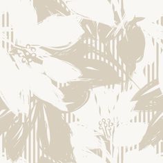 an abstract floral pattern with white and gray flowers on a beige striped wallpaper background