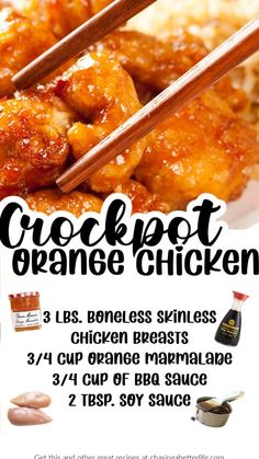 an advertisement for crockpot orange chicken with chopsticks on the plate and sauce