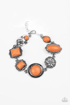 Featuring vivacious orange stone centers, a collection of antiqued silver frames link with a decorative floral charm around the wrist for a seasonal flair. Features an adjustable clasp closure.

 Sold as one individual bracelet. Paparazzi Jewelry Images, Accessories 2020, Orange Jewelry, Orange Bracelet, Orange Necklace, Orange Stone, Clasp Bracelet, Silver Frames, Paparazzi Accessories