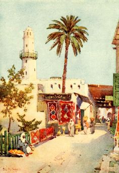 a painting of a street with palm trees in the background and people walking on the sidewalk