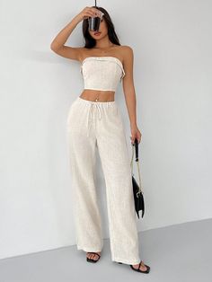 Linen Fabrics Solid Color Halter Top And Pants Casual Set Apricot Casual    Plain  Non-Stretch  Women Clothing, size features are:Bust: ,Length: ,Sleeve Length: