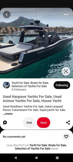 a boat for sale on the app store's mobile page, with an image of a