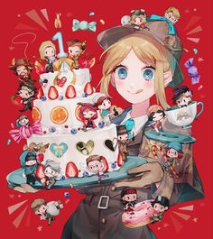 a woman holding a cake with many dolls on it and an anime character in the background