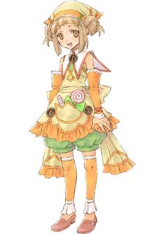 a drawing of a girl in an orange dress and hat with her hands on her hips