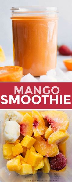 mango smoothie in a plastic container with strawberries and bananas