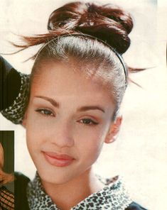 two pictures of a woman with her hair in a pony tail and wearing a leopard print shirt