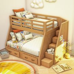 a bunk bed with stairs and drawers in the middle of a room, next to a rug on the floor