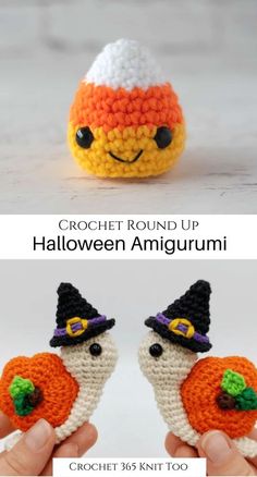 crochet round up halloween amigurum with pumpkin and witch hat on top