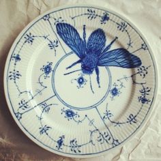 a blue and white plate with a bug on it