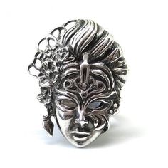 925 Sterling Silver Venice Mask Ring Handmade Silver Ring  #etsy #etsyshop #silver #jewelry #silverjewelry #silverring #rings #maskring #mask #carnival #holiday #sterlingsilver #etsymarket #womanmask #gifts Silver Fantasy Rings For Anniversary, Fantasy Style Silver Ring For Anniversary, Fantasy Silver Rings For Anniversary, Elegant Silver Sterling Silver Skull Ring, Elegant Sterling Silver Skull Ring In Silver, Woman Mask, Mask Carnival, Carnival Holiday, Venice Mask