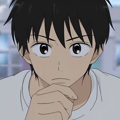 an anime character with black hair and big eyes looks at the camera while holding his hand to his chin