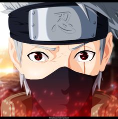 an anime character with grey hair and red eyes wearing a black mask, looking at the camera