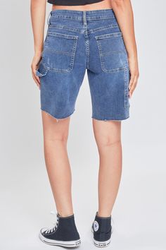 Workwear just got a cute new twist with our Women’s High Rise Denim Carpenter Shorts. This denim short features all of your favorite utility details, such as belt loops, slant front pockets, a hammer loop, and a utility pocket at the side. It has a comfortable feel but a fitted look, because practical can still be cute. Style these jean shorts with a crop top and sneakers for a casual aesthetic, and throw on an oversized plaid button up when temperatures drop for the ultimate grungy vibe. Produc Utility Jean Shorts With Hip Pockets, Utility Jean Shorts With Side Pockets, Denim Utility Cargo Shorts With Side Pockets, Denim Cargo Shorts With Side Pockets, Utility Denim Shorts With Pockets, Utility Denim Blue Cotton Shorts, Utility Shorts With Pockets In Medium Wash, Denim Utility Cargo Shorts, Utility Denim Cargo Shorts