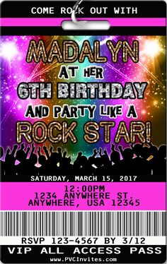 an image of a ticket for a rock star party with the name madam at her 6th birthday