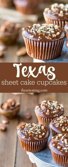 chocolate cupcakes with nuts on top and the words texas sheet cake cupcakes above them