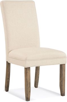 an upholstered chair with wooden legs and a beige fabric seat pad on the back